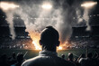 © ADDICTIVE STOCK - Generative AI image of unrecognizable man sitting in crowd and admiring bright show with smoke and burning bonfire during performance on stadium