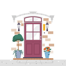 Facade Door House Exterior Entrance. Front View From Street. Closed Home Entry Exterior With Potted Flower Plants, Lamp, Number Plate. Doorway Facade. Entries To Apartments With Green Decoration
