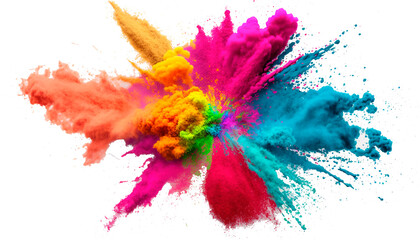 Multicolored explosion of rainbow powder paint holi decoration isolated on transparent background. PNG, generative AI