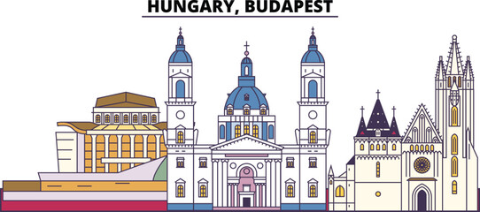 Wall Mural - Hungary, Budapest City tourism landmarks, vector city travel illustration