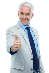 Wall Mural - Youve done an impressive job. Studio portrait of a mature businessman giving the thumbs up isolated on white.