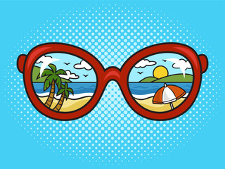 reflection of summer sea beach and palm trees in women sunglasses pinup pop art retro vector illustration. Comic book style imitation.