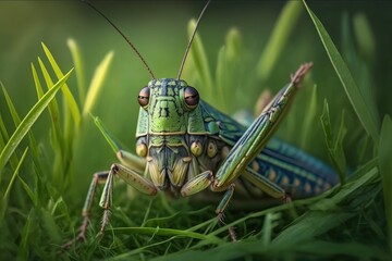 Poster - large insect grasshopper on grass resting among green blades, created with generative ai