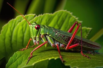 Poster - large grasshopper with red paws on leafy green background, created with generative ai