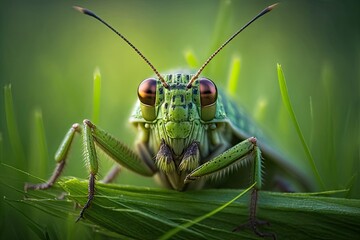 Poster - green grasshopper on grass flits in front of camera, created with generative ai