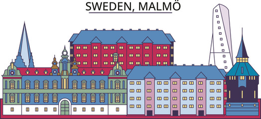 Wall Mural - Sweden, Malmo tourism landmarks, vector city travel illustration