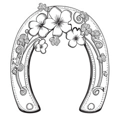 Sticker - Horseshoe with flowers hand drawn sketch illustration, Symbol of good luck