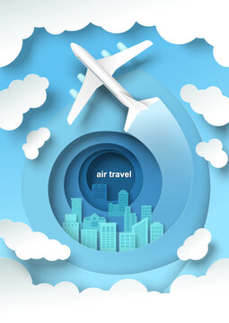 Fototapete - Air travel vector with plane flying over cityscape