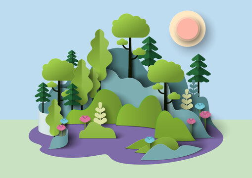 Fototapete - Summer forest nature landscape paper cut vector