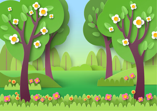 Fototapete - Spring forest with tree and flowers in blossom paper cut vector