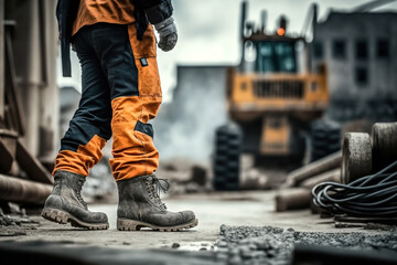 Wall Mural - A construction labor worker in fully coverall uniform and safety shoe is standing on background of construction site. Ready to working in industrial unsafe workplace scene. Generative Ai image.