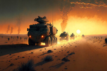 Wall Mural - Military patrol car on sunset background. Army war concept, generative ai