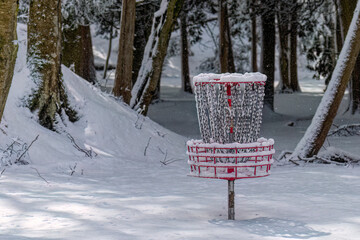 Wall Mural - Disk golf basket in the park covered snow