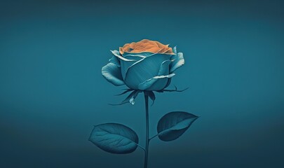  a single blue rose with a yellow center on a blue background with a green stem and two green leaves on the bottom of the stem.  generative ai