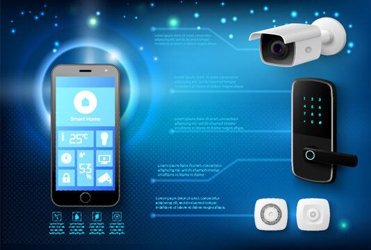 Fototapete - Security smart home vector realistic poster. Internet of things technology and automation system for residential house.