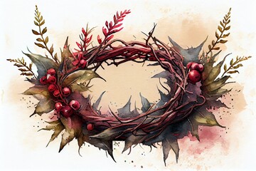 Watercolor Illustration of a Crown Of Thorns Passion And Resurection. Easter Card, Good Friday. Generative AI