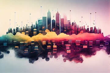 Wall Mural - watercolor illustration of a high tech data network color grids over miniature cityscape with cinema