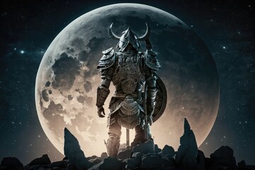 guardian warrior in form of man with special helmet on background of moon, created with generative ai