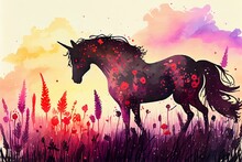 Watercolor Illustration Of A Unicorn In A Field Of Flowers With A Beautiful Sunset, Fantasy Background, Illustration. Generative AI