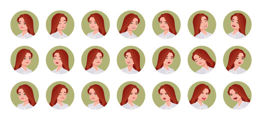 Wall Mural - Business consultant professional lady avatar, office manager portrait set employee bundle. Different emotions face icons, character pic. Vector flat style cartoon circle set isolated, white background