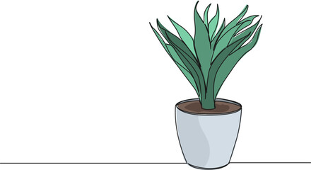 Sticker - colored continuous single line drawing of potted plant, line art vector illustration