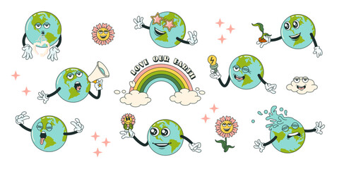 Wall Mural - Retro earth cartoon character planet stickers in trendy retro cartoon style. Sticker pack for Earth or World Environment Day. Funny vector illustration of planet Earth. Eco green labels or badges.