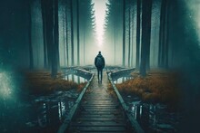 Lonely Figure Of Man Walking Along Duckboards Path In Forest, Created With Generative Ai
