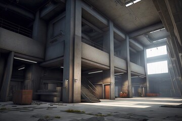 Wall Mural - industrial design of premises in concrete, huge ceilings, created with generative ai
