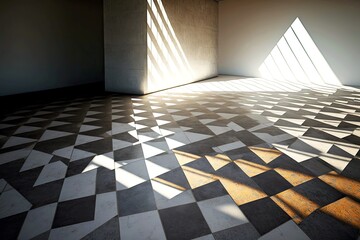 Wall Mural - concrete tile floor with sette rays of sunshine and shade, created with generative ai
