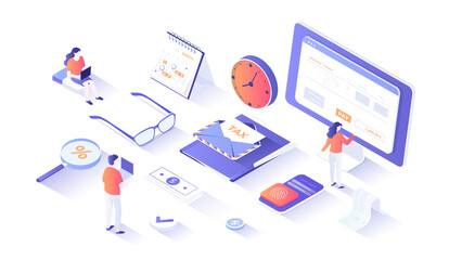 Tax payment. Online Tax form filling, return. Calculating payment check. Finance budget planning and accounting. Isometry illustration with people scene for web graphic.