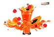 Red fruit juice splash wave. Whole and sliced strawberry, raspberry, cherry, papaya,  orange in a sweet syrup wave with splashes and glass with juice isolated on transparent background. 3D. Vector.
