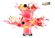 Fresh fruit juice splash wave. Whole and sliced strawberry, raspberry, cherry, pear, peach in a sweet syrup wave with splashes and glass with juice isolated on transparent background. Vector.