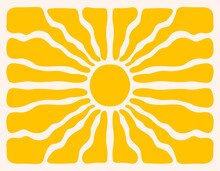 Horizontal Retro Groovy Background With Bright Sunburst  In Style 60s, 70s. Trendy Colorful Graphic Print. Vector Illustration