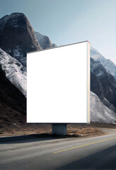 Poster - Realistic ilustration. Blank white billboard on the side of a mountain road. Generative ai