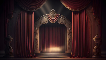 Red curtains of theater stage show spotlight, background for poster. Generation AI