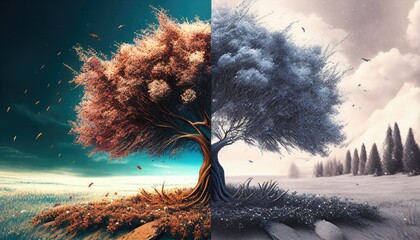 Landscape of a tree contrast between summer and winter Generative AI Illustration