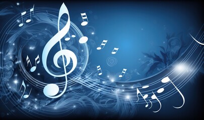 Wall Mural -  a blue background with musical notes and a swirl of music notes on the left side of the image, and a blue background with a swirl of music notes on the right side.  generative ai