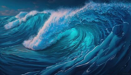  a painting of a wave in the ocean with blue water and white foam on the bottom of the wave and the top of the wave in the middle of the water.  generative ai