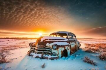 Wall Mural - an old rusted out car in a snowy field | Created With Generative AI