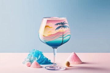 A Summer cocktail in a glass with a Summer holiday in it. Pastel background. Delicious, refreshing refreshment, party drink. Generative AI.