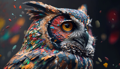 Abstract animal Owl portrait with colorful double exposure paint with Generative AI.