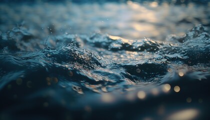 Poster - a close up of water with bubbles and a sun in the background with a blurry image of the water surfac