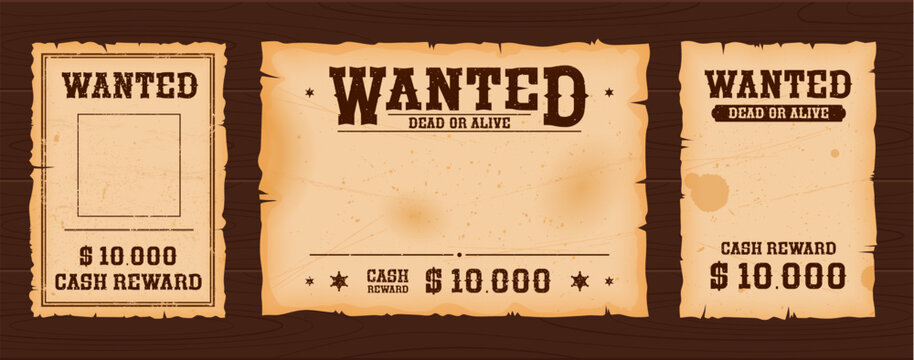 western wanted banners with reward on wood background. old wild west cowboy search poster vector tem