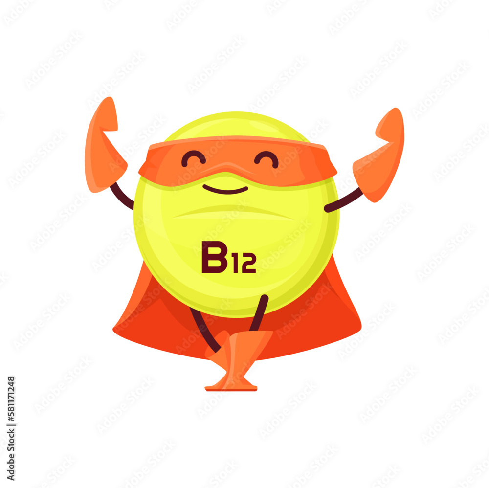 Cartoon vitamin B12 superhero character. Isolated vector cyanocobalamin ...