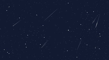 Starry space seamless pattern horizontal vector background. Cosmos, night sky with flying asteroids or comets. Cosmic wallpaper, screensaver with celestial bodies in dark deep undiscovered Universe