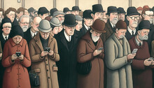Large Crowd Of Commuters Looking At Their Phones, Comic Naïve Illustration Style.  Generative AI