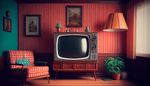 Old Fashioned Vintage Retro Design Room With Retro Tv. Abstract Illustration.