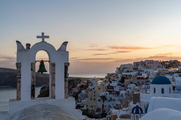 beautiful view of oia village from one of the most scenic viewpoints, santorini, greece.