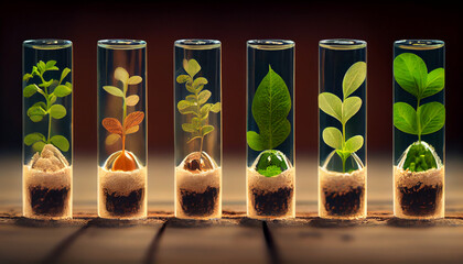 Plant seeds are planted in test tubes. Genetic research concept.