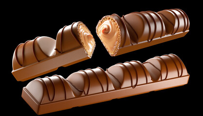 Milk chocolate bars covered wafer with soft hazelnut filling. Isolated on background. 3d illustration. Design element.